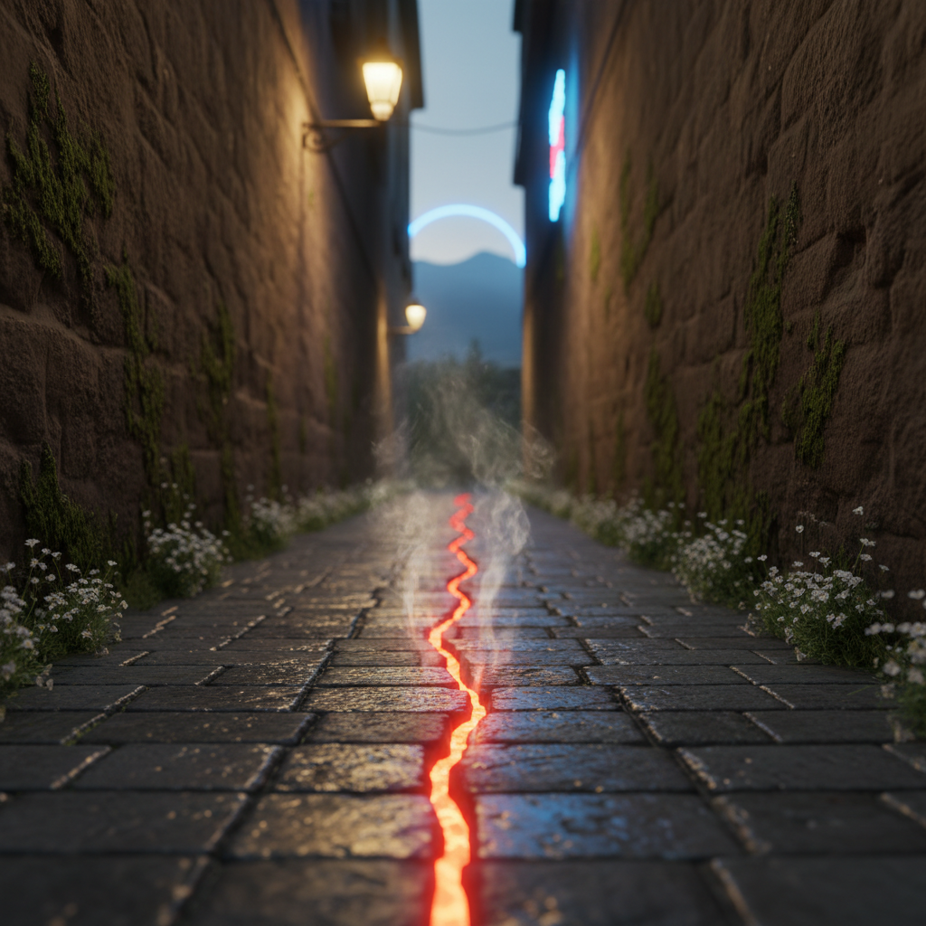 Un vicolo urbano stretto, pavimentato in basalto lucido, fiancheggiato da muri di tufo vesuviano su cui crescono muschi verdastri e minuscoli fiori bianchi. Dal centro del selciato, tra le fughe delle pietre, emerge una sottile crepa incandescentemente rosso-arancio, come lava filosofica liquida che scorre sottopelle. Lontano, si intravede una sagoma del Vesuvio circondata da una sottile aureola di bagliore azzurro irreale. L’illuminazione proviene da un lampione di ghisa con luce calda, che incrocia una fredda luce al neon proveniente da un’insegna sfocata, creando contrasti raffinati. Scatto fotografico a bassa angolazione, profondità di campo media, atmosfera sospesa e metafisica, con leggeri fumi che emergono dalla crepa, suggerendo il confine tra realtà urbana e magia filosofica.