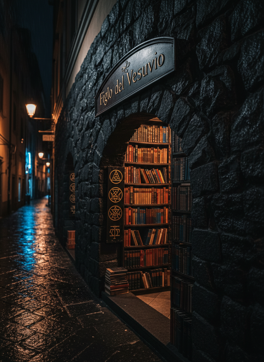 Una libreria antica scavata nella roccia vulcanica nera, colma di volumi rilegati in pelle color inchiostro, bordeaux e blu notte, alcuni con simboli alchemici dorati in rilievo. Sopra, un’insegna metallica elegante recita “Figlio del Vesuvio” incisa con caratteri sottili. L’ambiente è un vicolo urbano notturno, pavé lucido di pioggia che riflette luci al sodio aranciate e neon azzurri lontani. Una luce calda e soffusa filtra da dentro gli scaffali, creando bagliori dorati sui dorsi dei libri e ombre profonde tra le fessure della pietra. Ripresa fotografica realistica a livello occhi, con leggera profondità di campo, atmosfera sofisticata, misteriosa e filosofica, toni urbani cupi ma raffinati, composizione in terzi che guida lo sguardo verso il titolo.