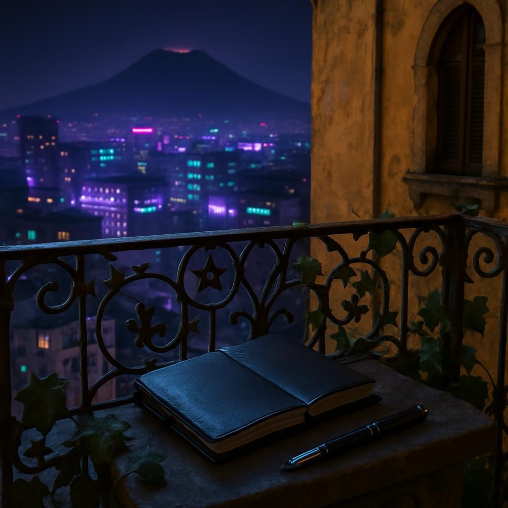Un balcone napoletano senza persone, in un palazzo antico color ocra consumato dal tempo, affacciato su una città moderna punteggiata di luci al neon viola e turchese. In primo piano, una ringhiera in ferro battuto decorata con piccoli simboli esoterici e foglie di vite rampicanti. Sul parapetto, un taccuino di pelle nero semiaperto e una penna stilografica d’acciaio lucidissimo. Il cielo notturno è dominato da un Vesuvio scuro, con una lieve luminescenza cremisi lungo il cratere. Illuminazione di tarda sera, con bagliori delle insegne urbane che creano riflessi metallici sul ferro e sul pennino. Fotografia realistica, inquadratura a tre quarti leggermente dall’alto, atmosfera romantica e contemplativa, urbano-fantastica, con sfondo leggermente sfocato per concentrare l’attenzione sugli oggetti sul balcone.